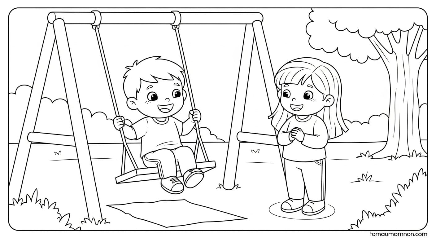 Tranh Tô Màu Xích Đu Hai bé ngồi xích đu