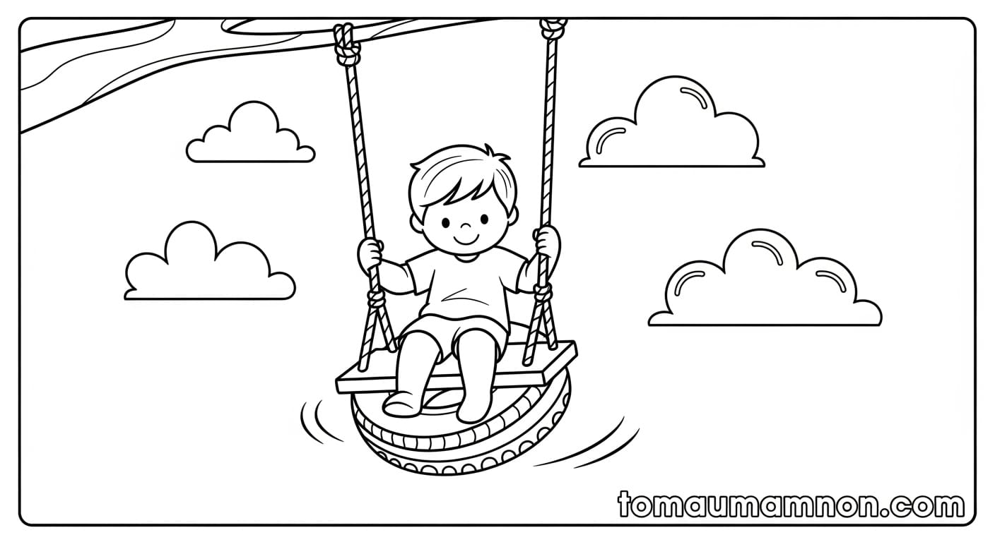 Tranh Tô Màu Xích Đu Bé và thú cưng trên xích đu