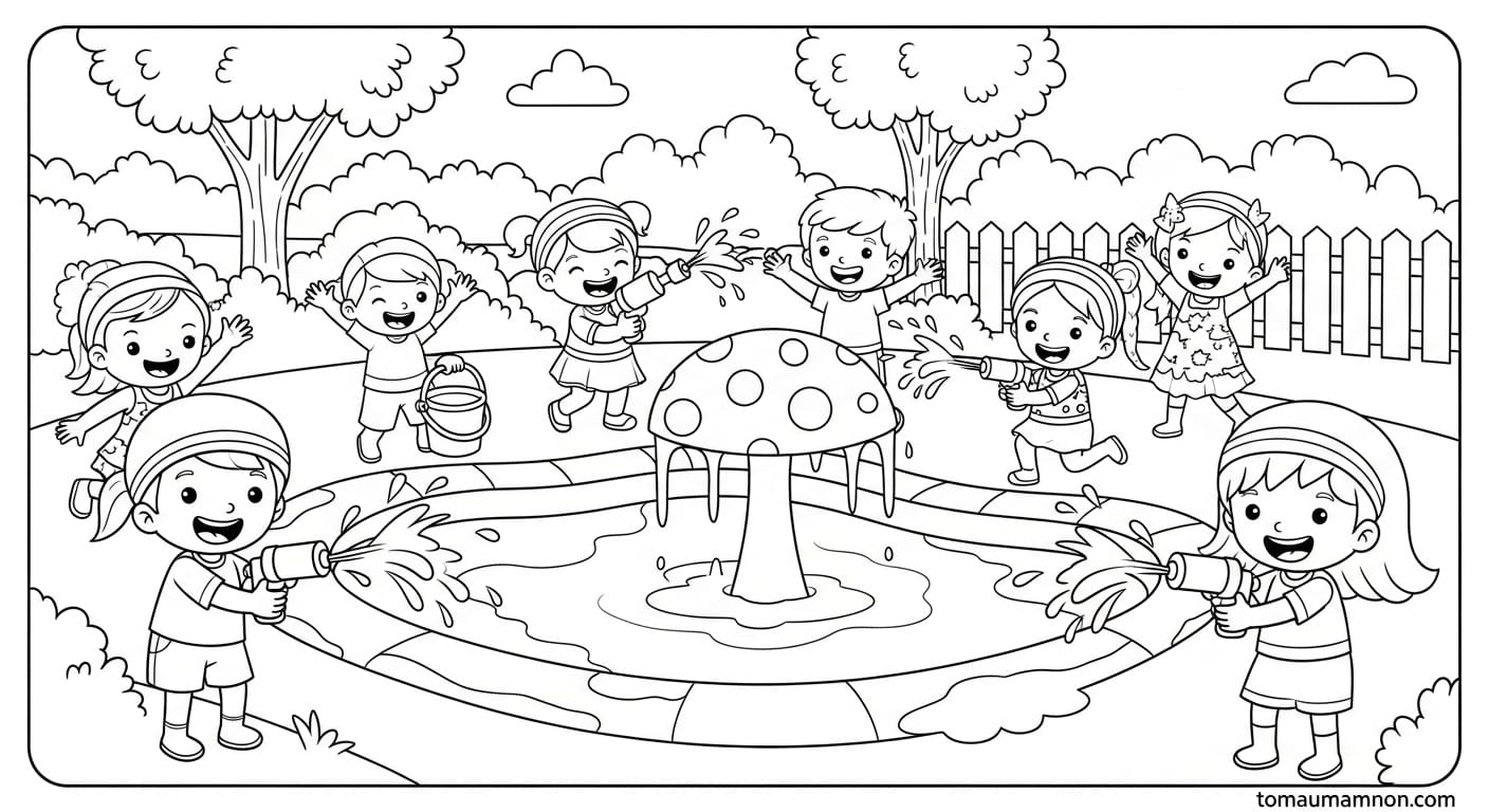 Vẽ Công Viên Nước Đài phun nước đầy màu sắc