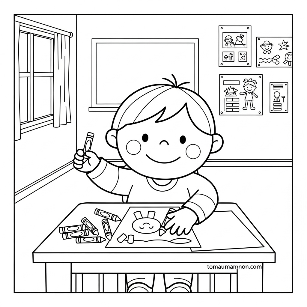 Tải Ngay Hình Vẽ Lớp Học Mầm Non Đơn Giản Cho Bé Tô Màu Miễn Phí Tranh tô màu lớp học mầm non với nhiều hoạt động vui vẻ