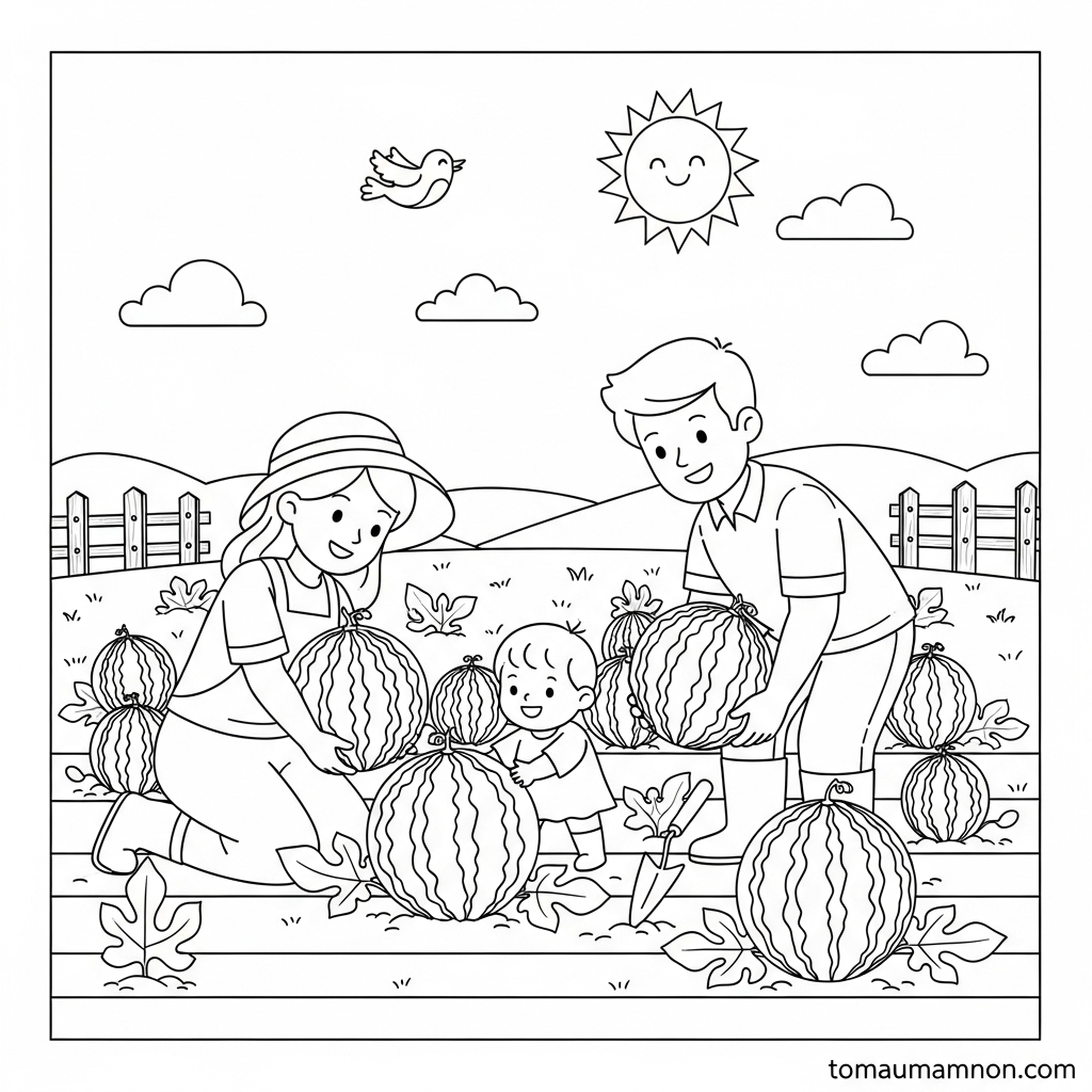 Tranh tô màu quả dưa hấu chín mọng