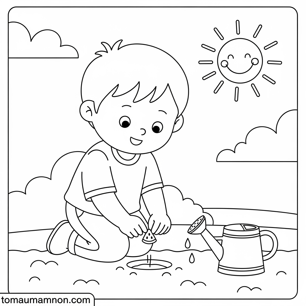 Tranh tô màu Mai An Tiêm và dưa hấu