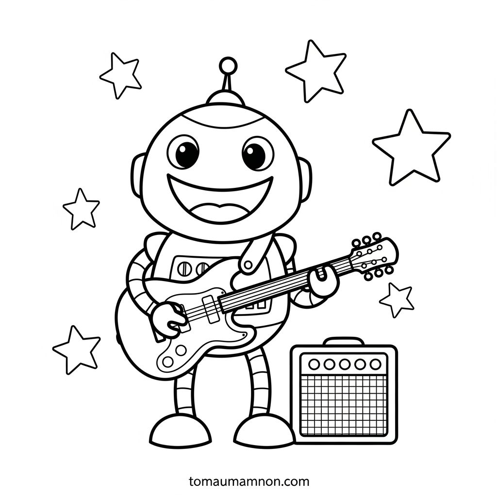 Bé trai tô màu đàn guitar vui vẻ