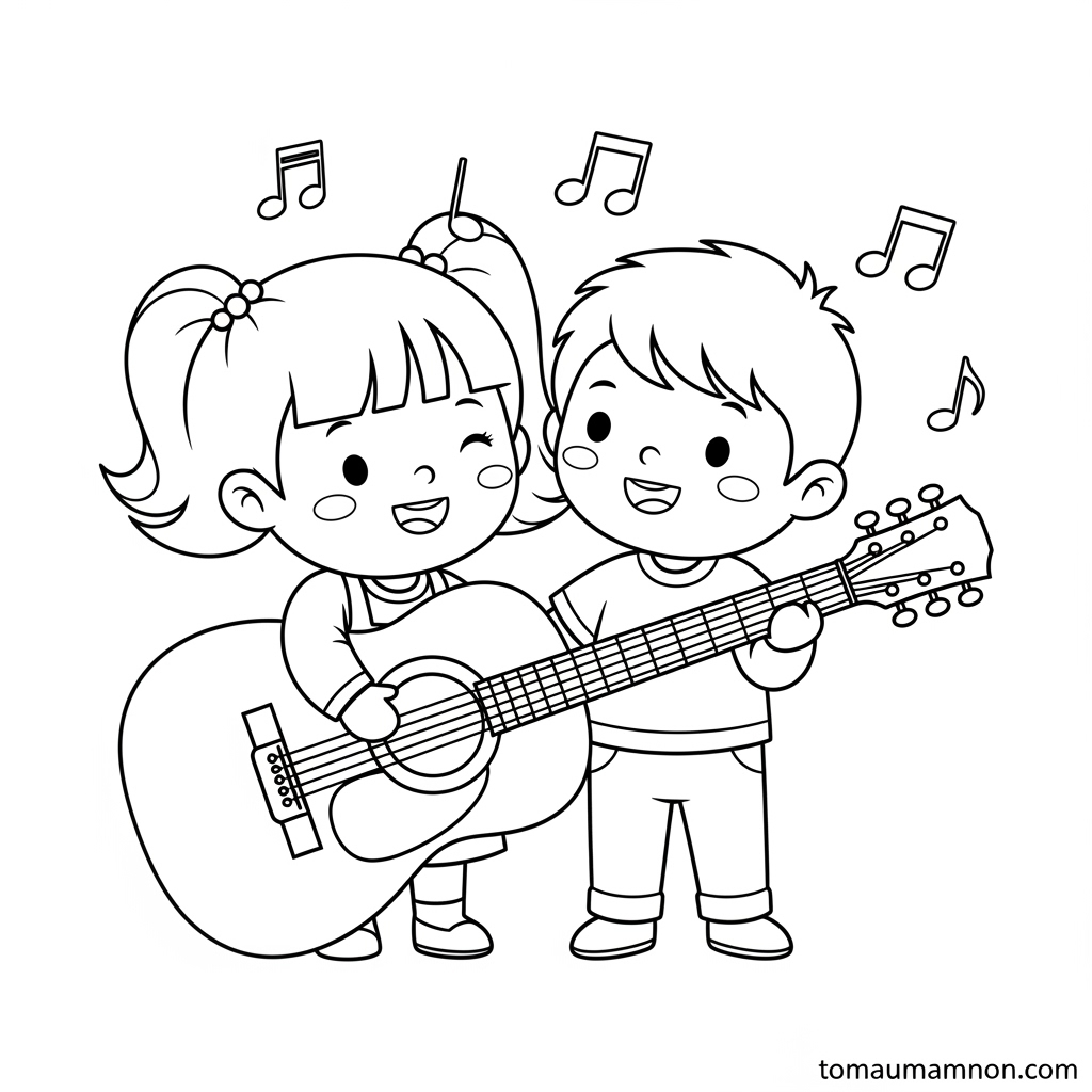 Bé trai chọn tranh tô màu đàn ghi-ta