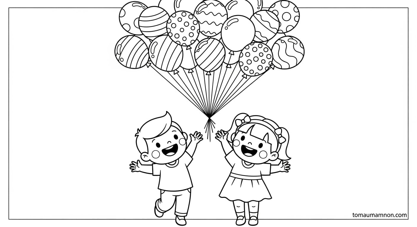 Tô Màu Chùm Bóng Bay Chú voi đáng yêu giữ chùm bóng bay