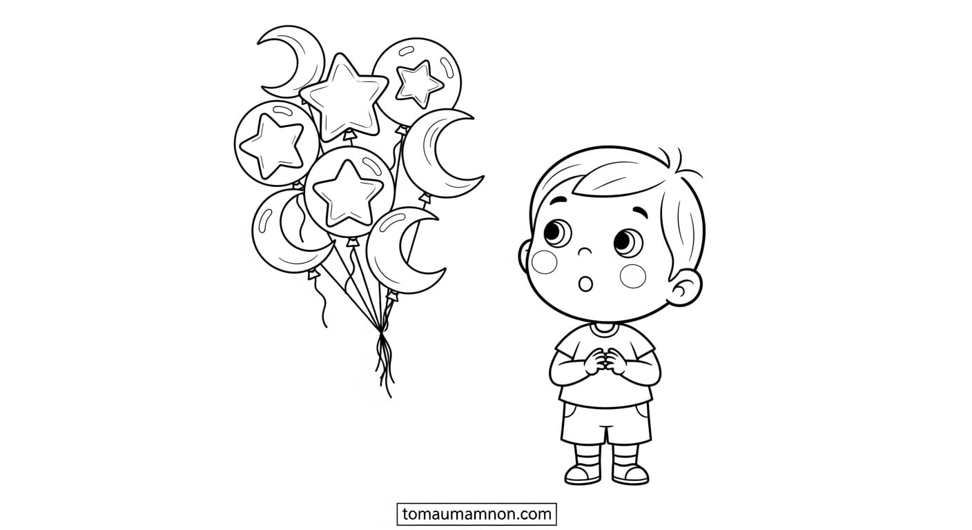 Tô Màu Chùm Bóng Bay Bé trai ôm chùm bóng bay ngộ nghĩnh