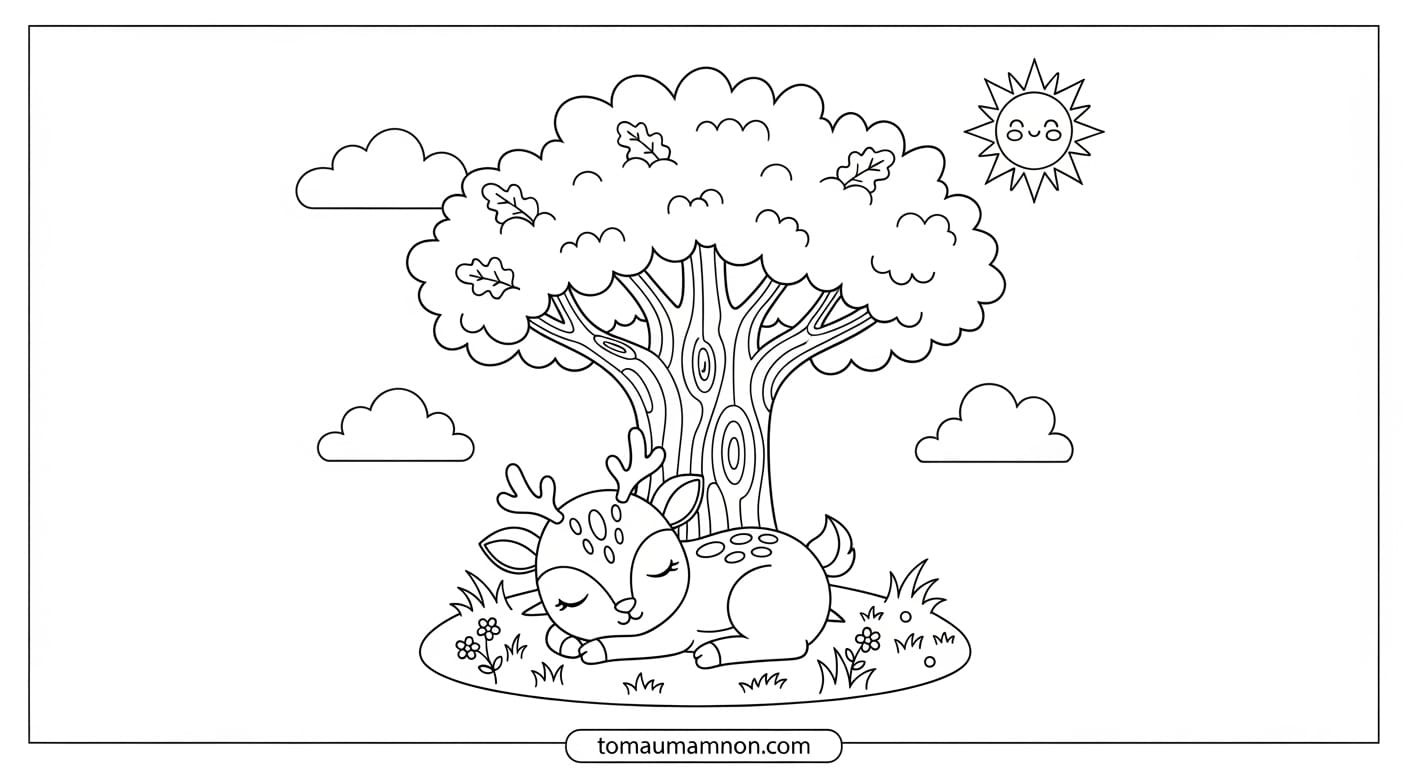 Tô Màu Con Nai Chú nai đang gặm cỏ trong rừng