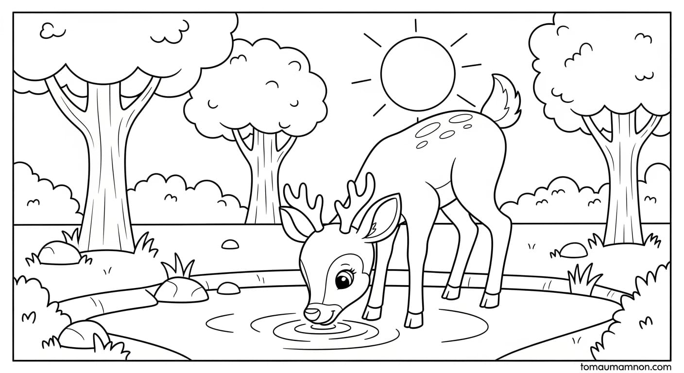 Tô Màu Con Nai Nai con đứng bên cạnh bụi hoa