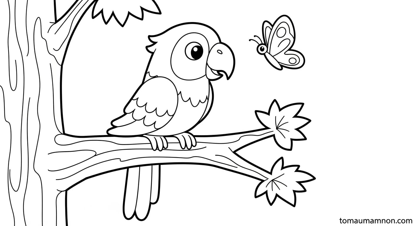 Bé gái thích thú tô màu chim vẹt