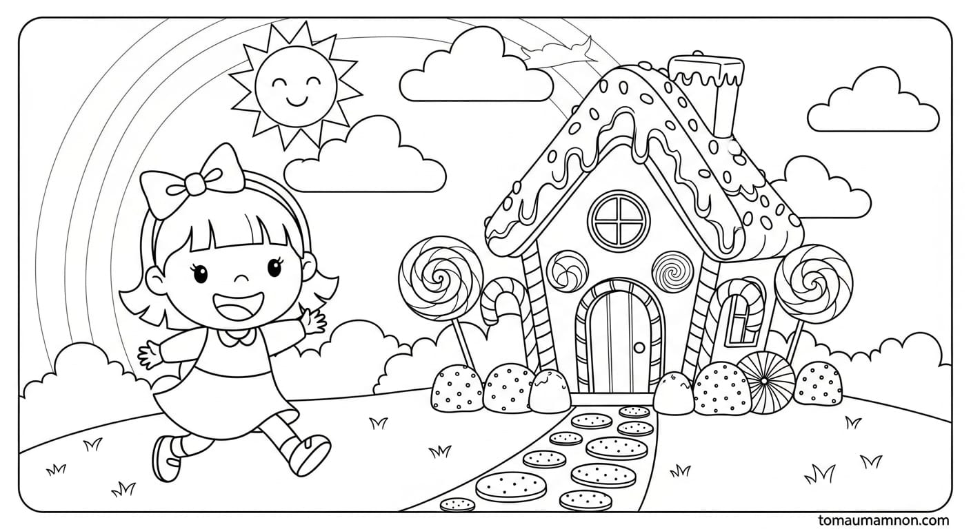 Bé đang tô màu ngôi nhà bánh kẹo với bút màu