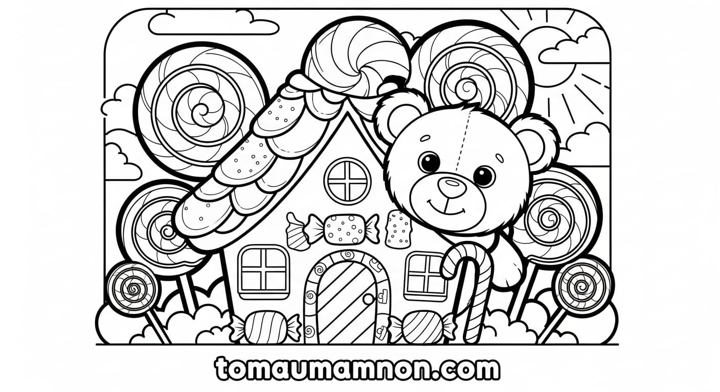 Trẻ em tô màu ngôi nhà bánh kẹo với nhiều màu sắc