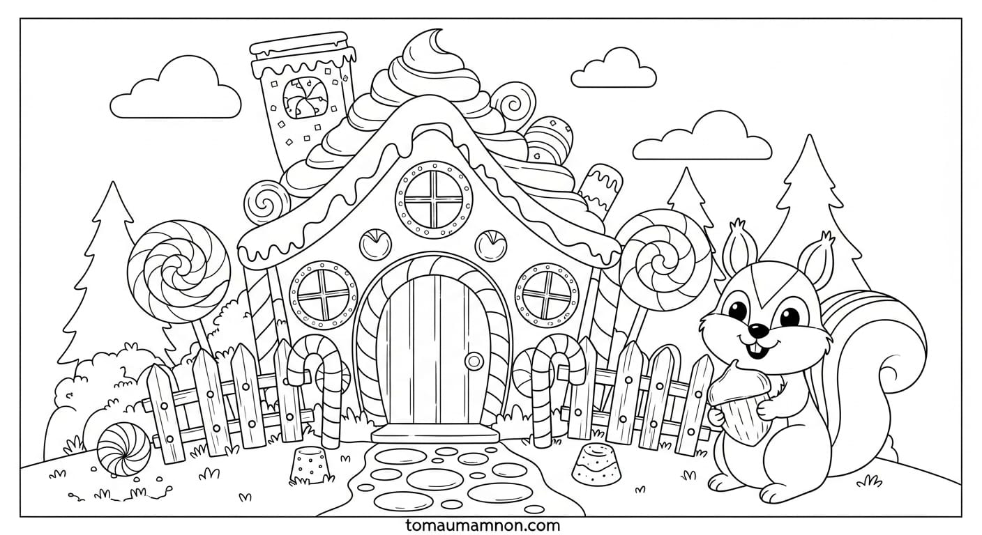 Bé gái cẩn thận tô màu cho ngôi nhà kẹo