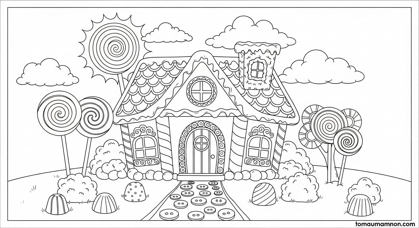 Tranh tô màu ngôi nhà bánh kẹo ngọt ngào