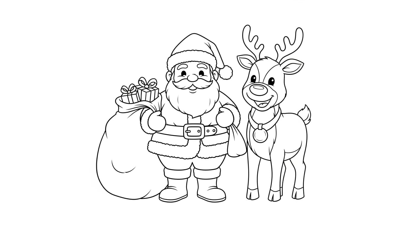 Tô Màu Ông Già Noel Và Con Tuần Lộc Ông già Noel ôm chú tuần lộc nhỏ