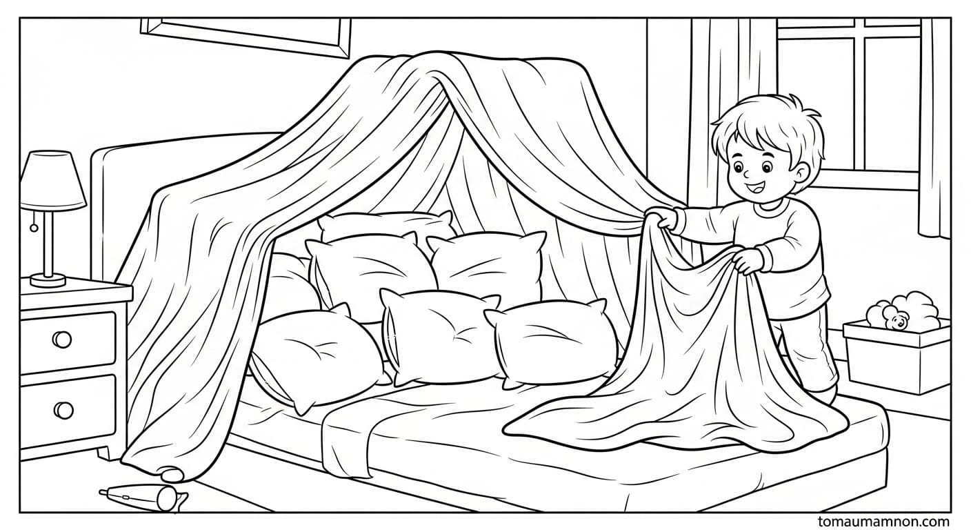 Tô Màu Phòng Ngủ Bé gái đang ngồi trên giường đọc sách trong phòng ngủ