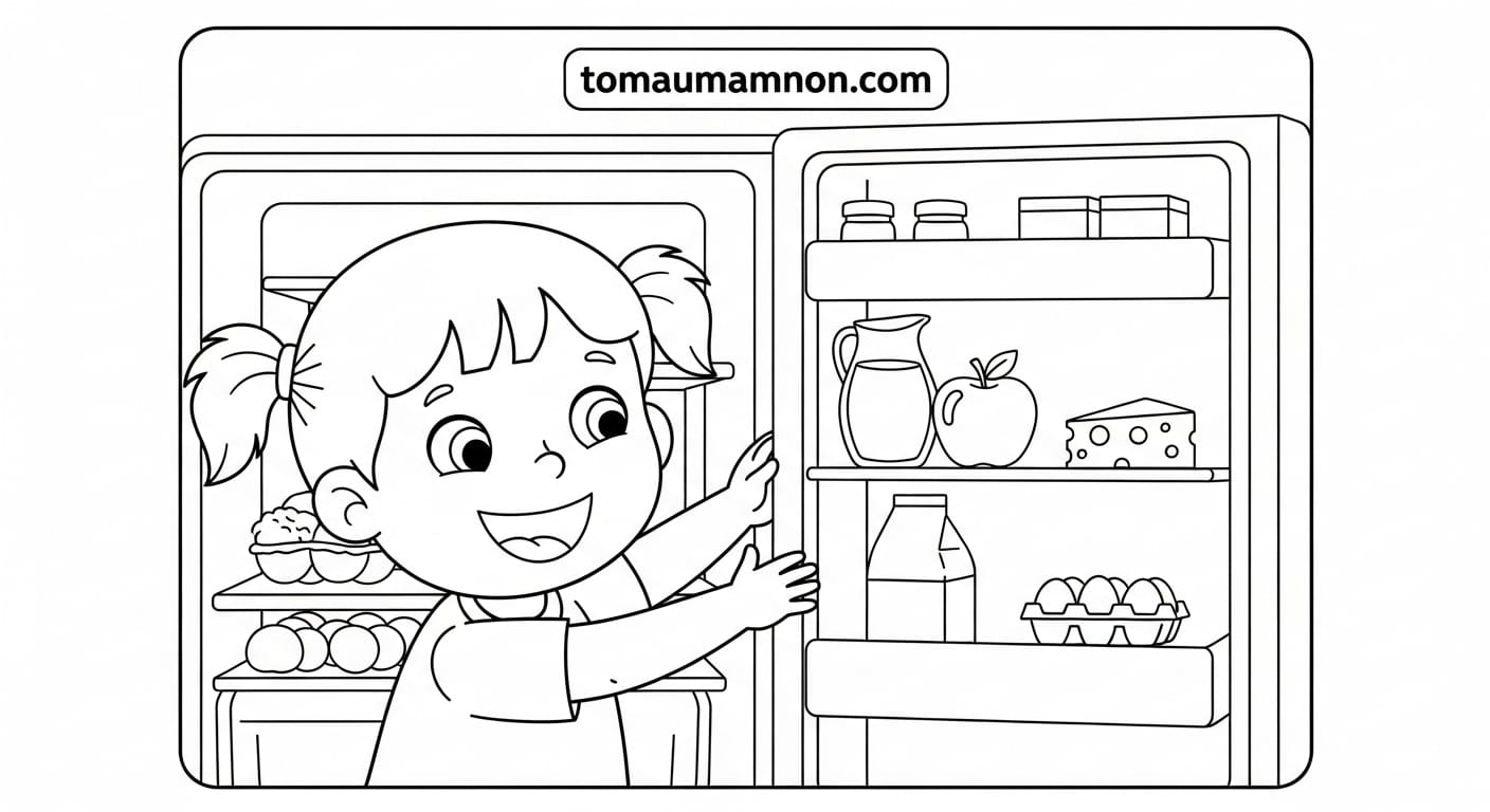 Bé tô màu tủ lạnh với nhiều đồ ăn