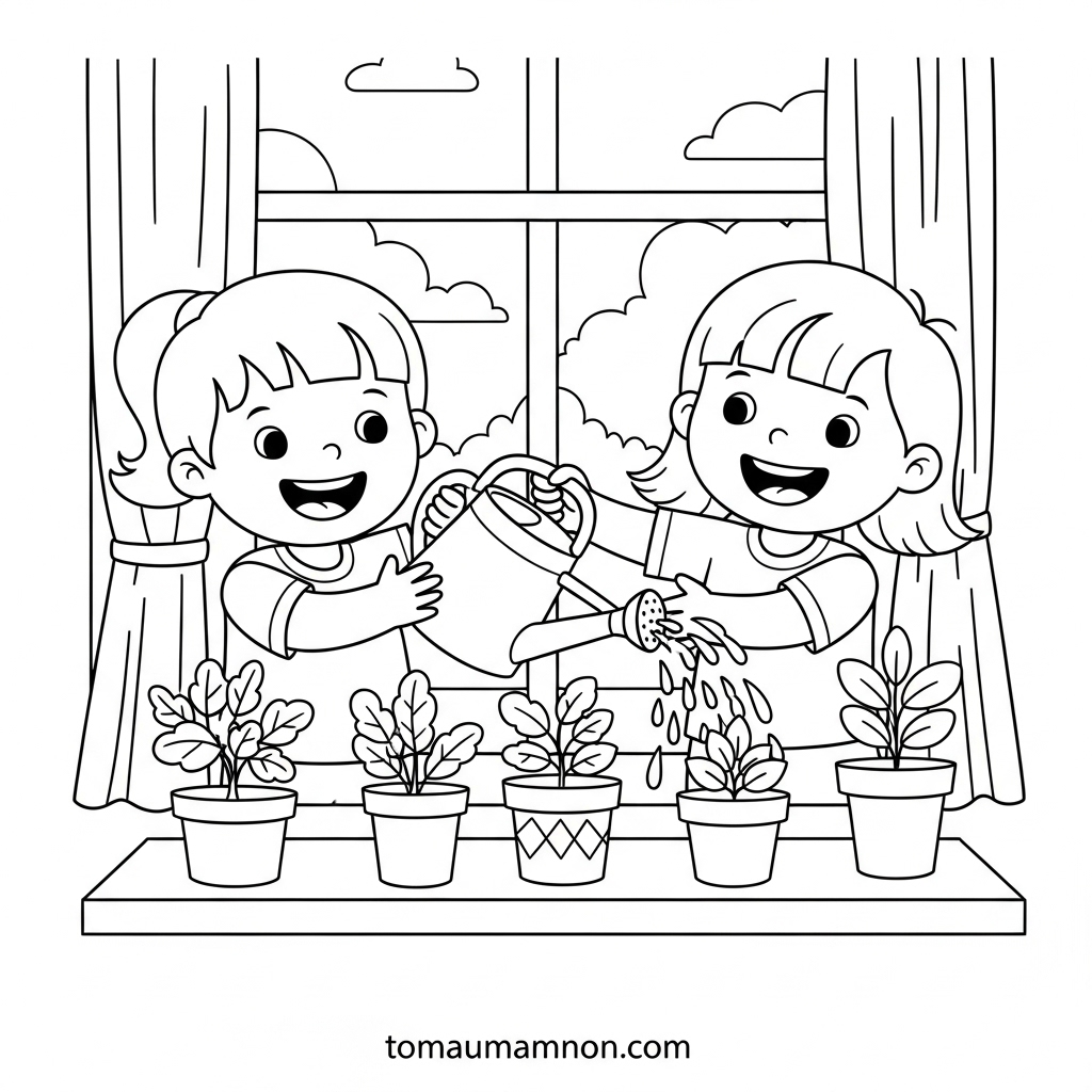 Tranh tô màu bé trai tưới cây rèn luyện kỹ năng sống