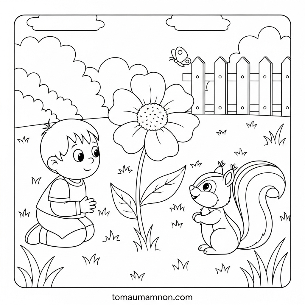 Tranh tô màu vườn rau với bé và bình tưới nước