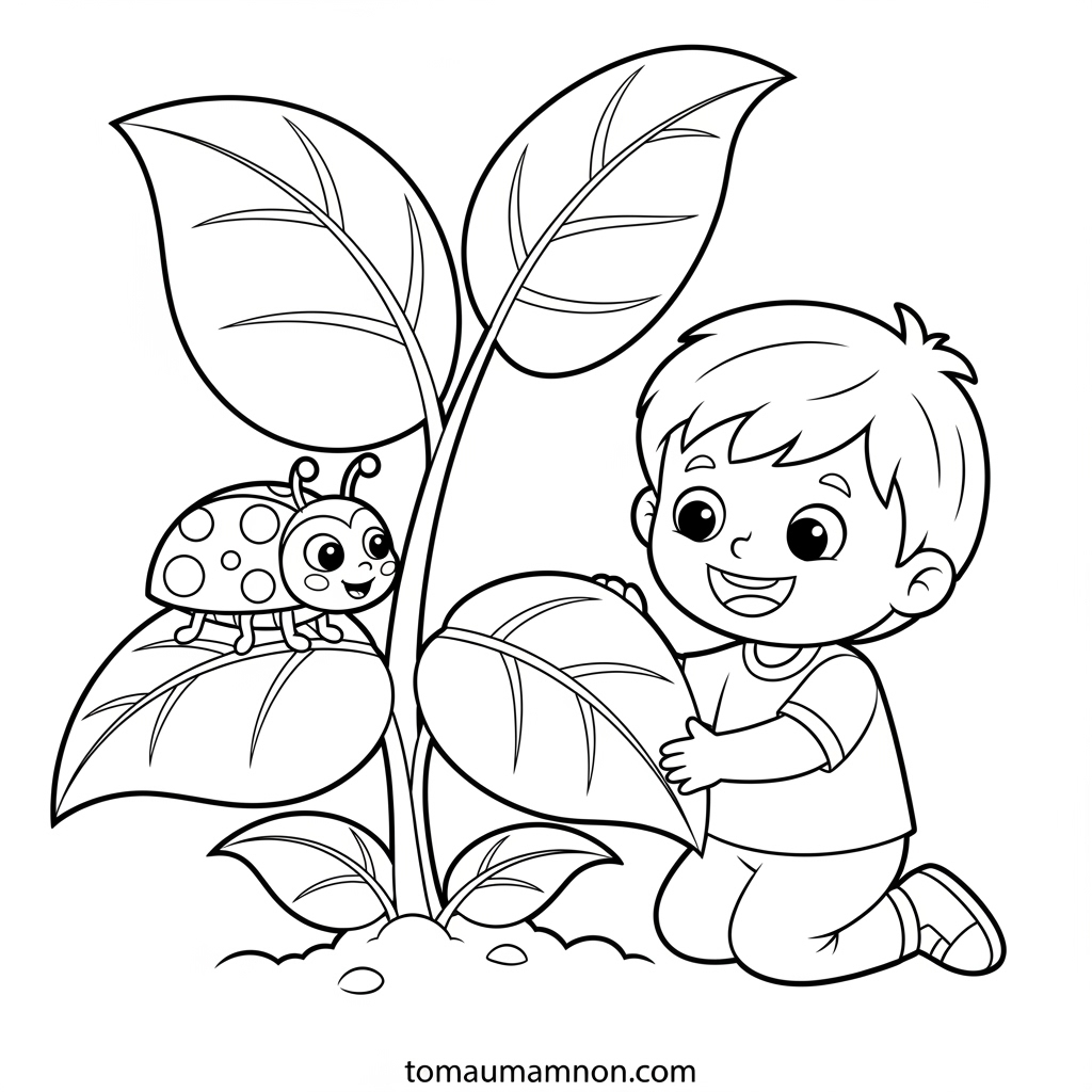 Tranh bé tưới cây với nhiều loại hoa lá