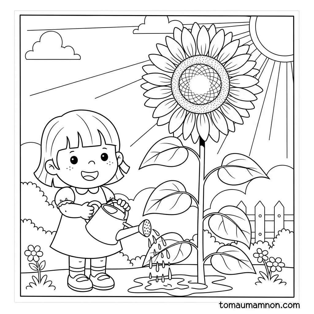 Tranh bé tưới cây với bình nước dễ thương