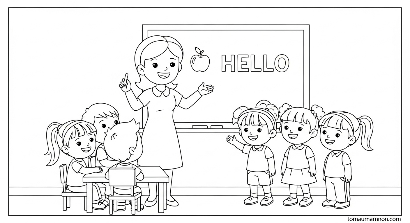 Tranh Chào Mừng 20/11 Tranh chào mừng 20/11 với hình ảnh học sinh và hoa