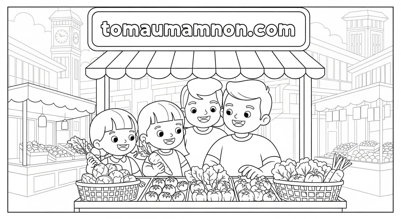 Tranh Chợ Bến Thành Trẻ em tham quan chợ