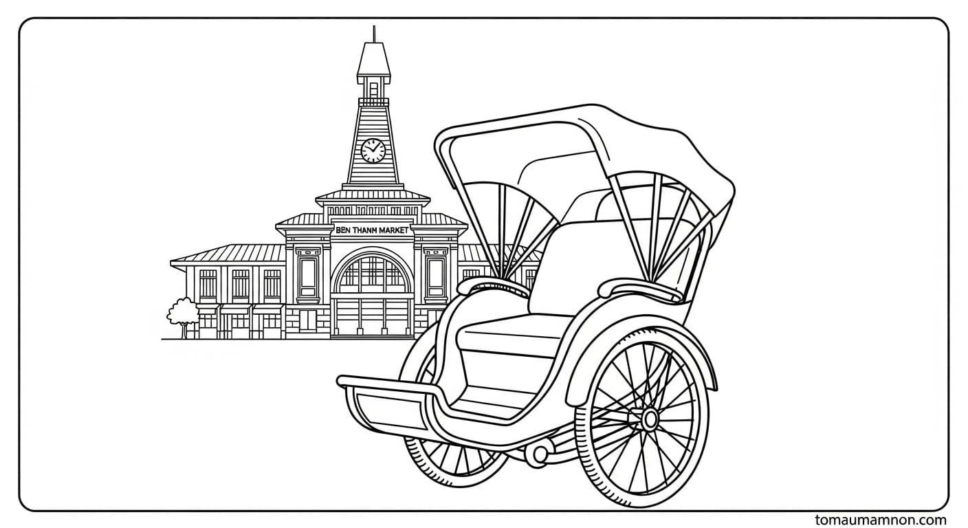 Tranh Chợ Bến Thành Những chiếc sạp hàng rực rỡ