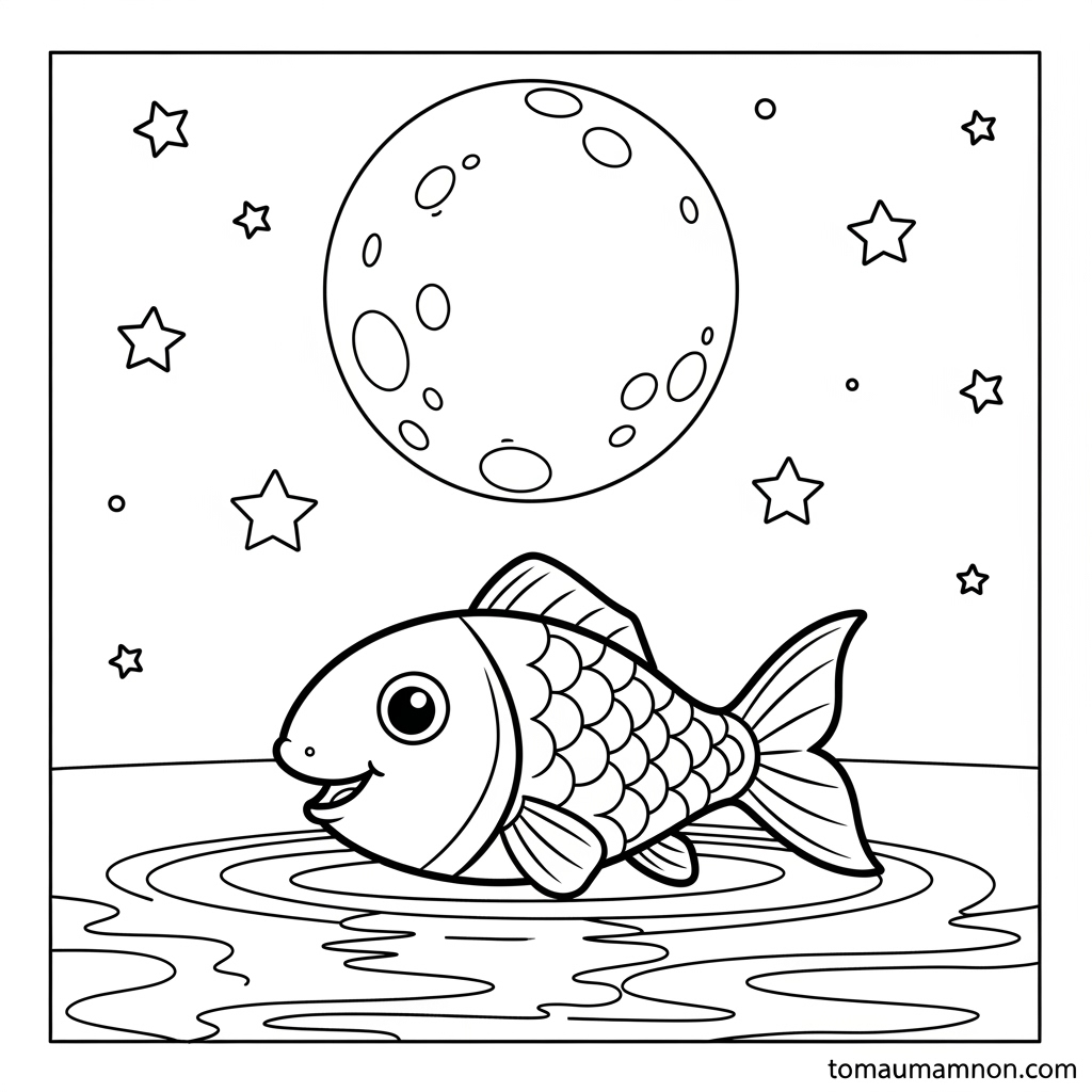 Tranh tô màu cá chép trông trăng cho bé