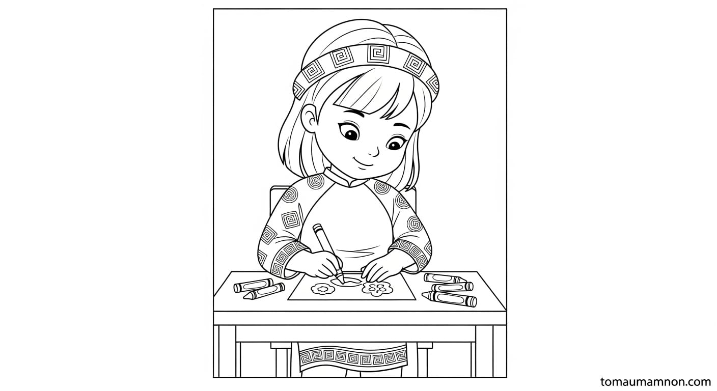 Tranh Tô Màu Áo Dài Cô gái mặc áo dài hoa sen