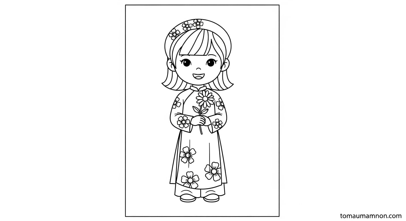 Tranh Tô Màu Áo Dài Bé gái mặc áo dài cầm cành mai