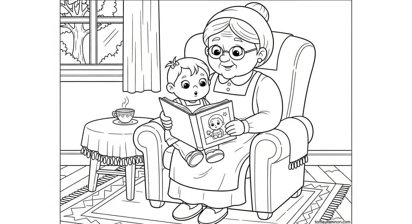 Tranh Tô Màu Bà Ngoại Hình tô màu bà ngoại và cháu vui vẻ