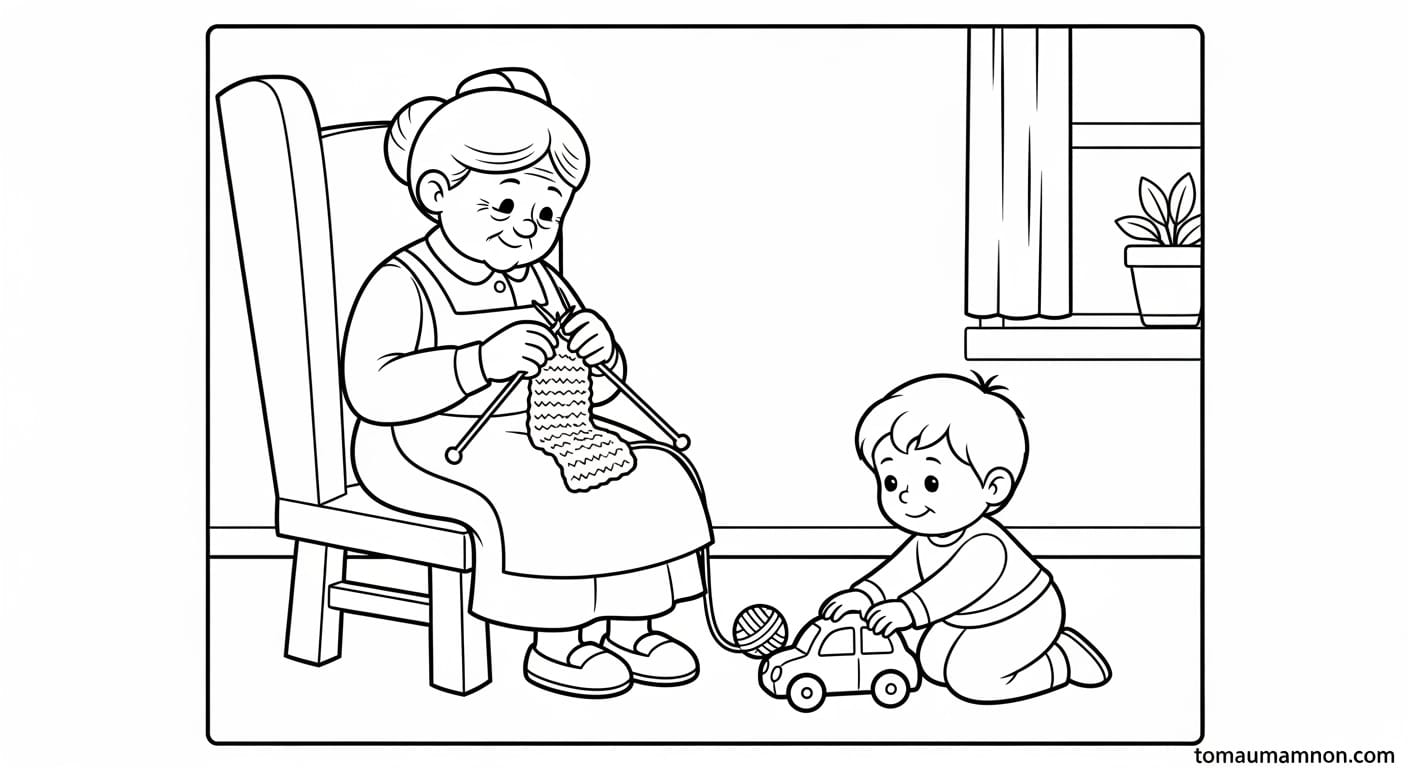 Tranh Tô Màu Bà Ngoại Tranh tô màu bà ngoại và các cháu sum vầy