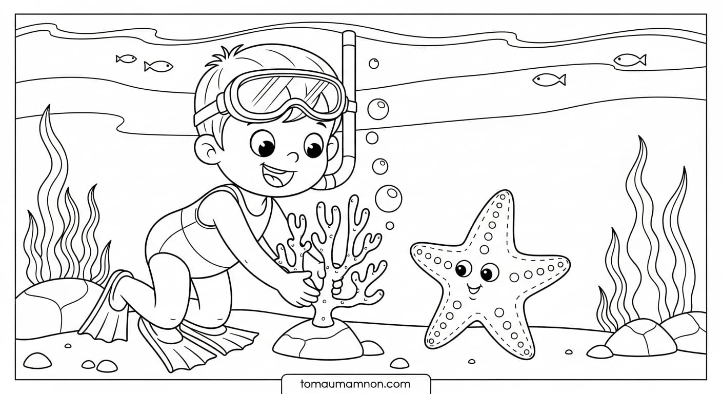 Tranh Tô Màu Bảo Vệ Môi Trường Biển Tranh tô màu sinh vật biển và rác thải