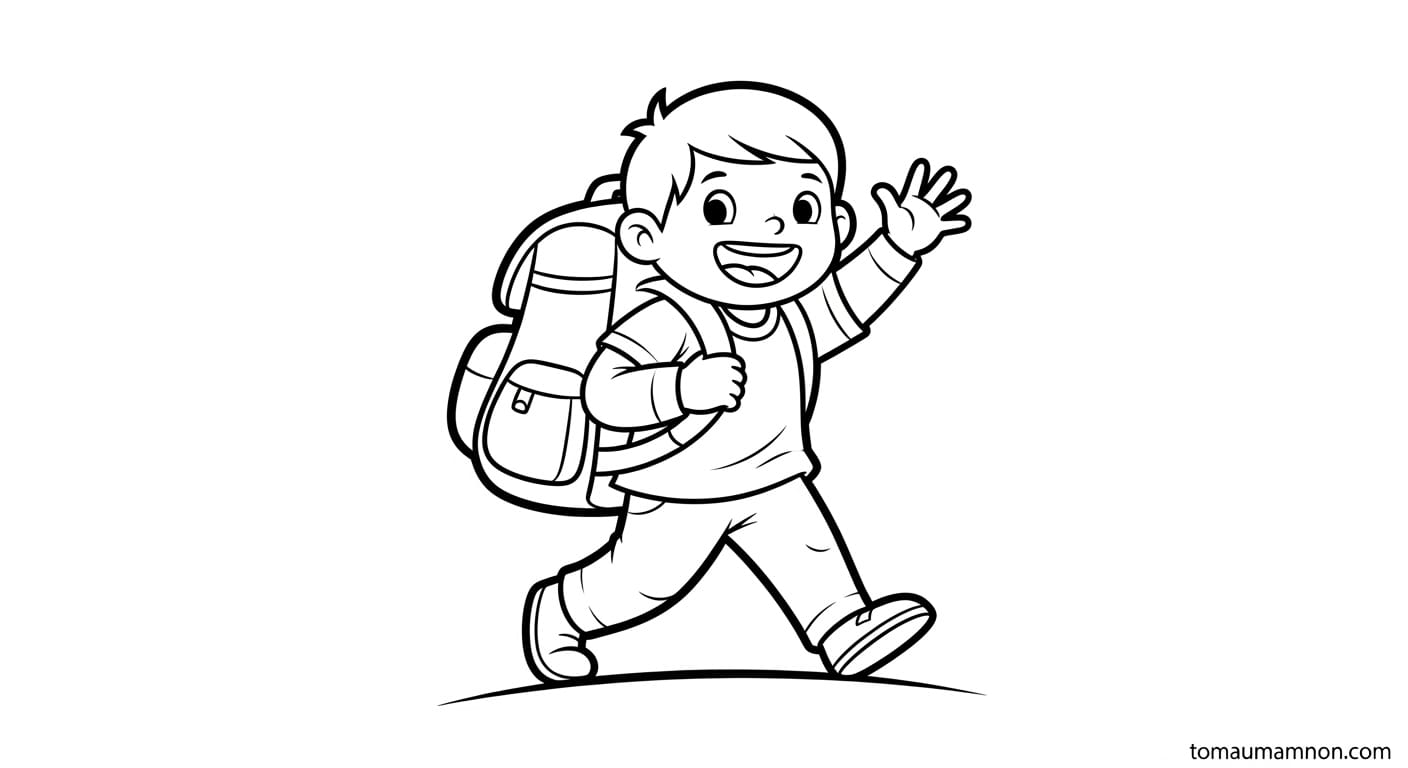 Tranh tô màu bé đến trường vui vẻ