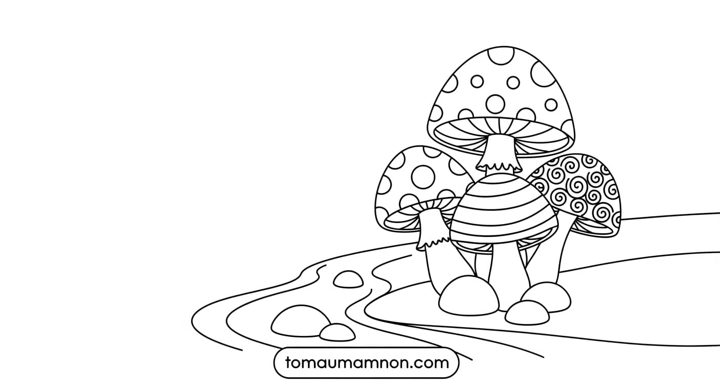 Tranh Tô Màu Cây Nấm Nấm trong khu rừng nhỏ