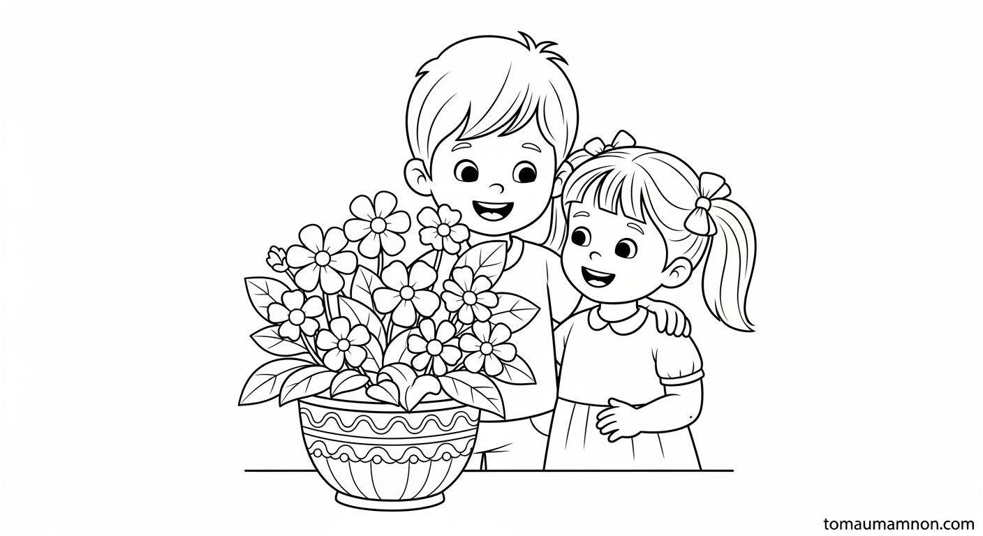 Tranh Tô Màu Chậu Hoa Gia đình gắn kết cùng tô màu chậu hoa