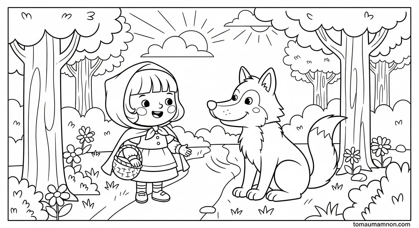 Tranh Tô Màu Cô Bé Quàng Khăn Đỏ Cô bé gặp bà