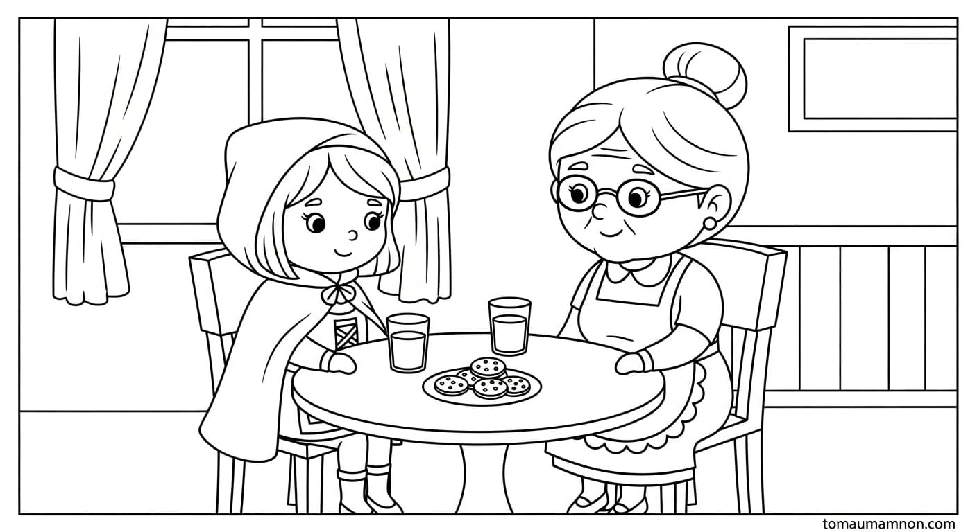 Tranh Tô Màu Cô Bé Quàng Khăn Đỏ Cô bé vui vẻ