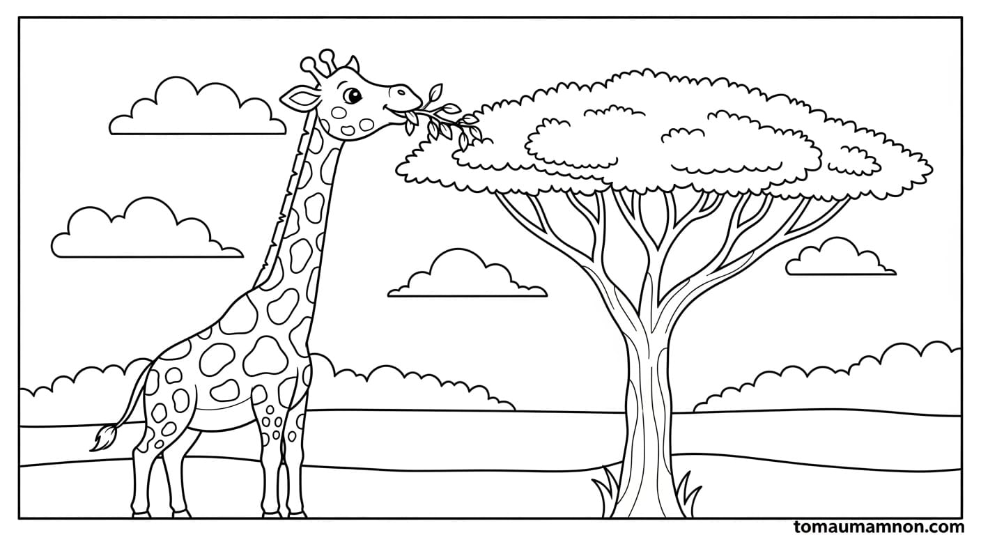 Tranh Tô Màu Con Hươu Cao Cổ Tranh tô màu hươu cao cổ đang ăn lá cây trên cao