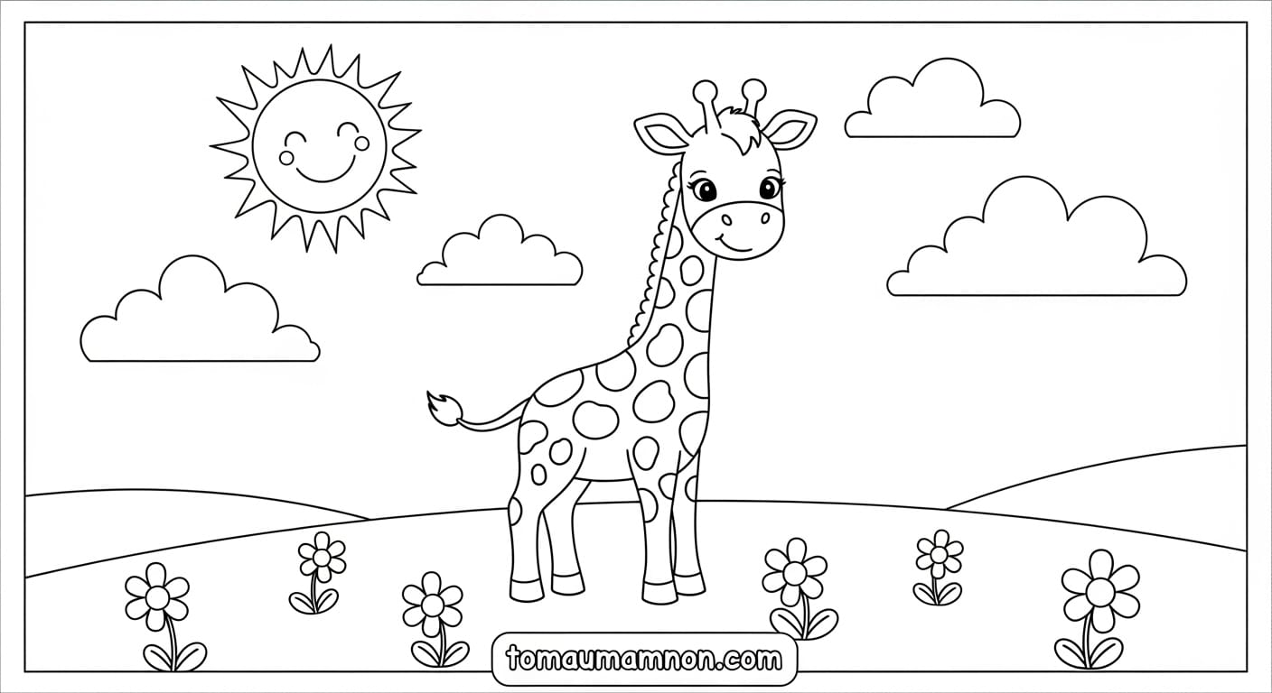 Tranh Tô Màu Con Hươu Cao Cổ Hươu cao cổ mẹ và con đang ăn lá cây