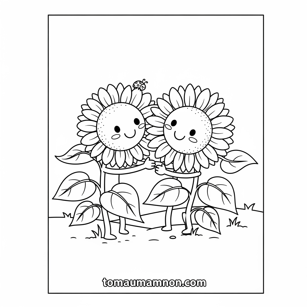 Tranh tô màu hoa hướng dương và con ong dễ thương