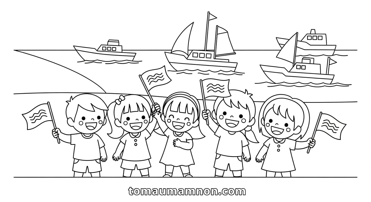 Tranh Tô Màu Lễ Hội Đua Thuyền Trẻ em và thuyền