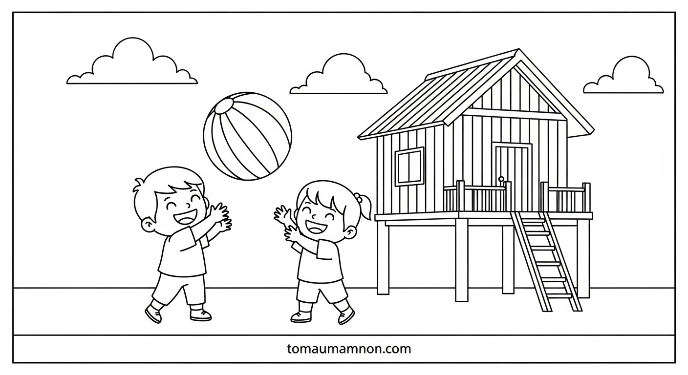 Kiến trúc nhà sàn trong tranh tô màu