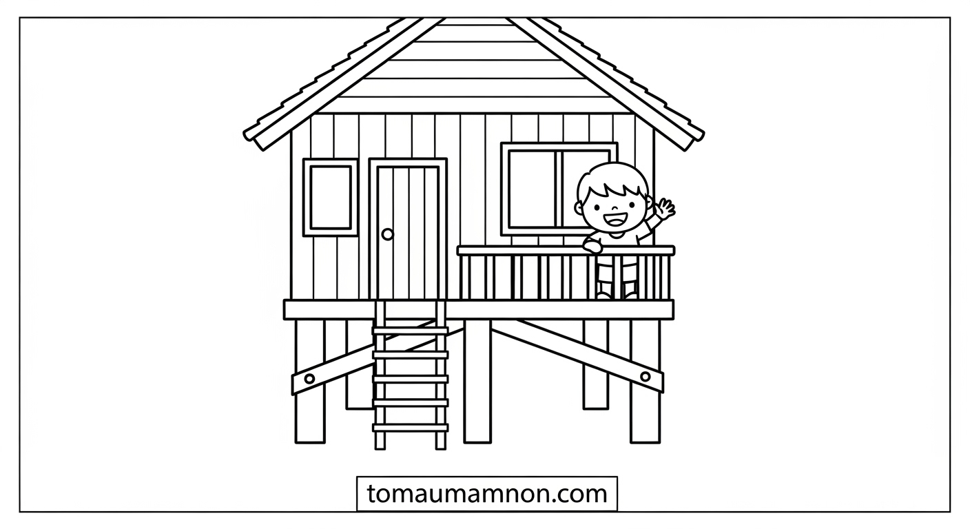 Tranh tô màu nhà sàn đơn giản