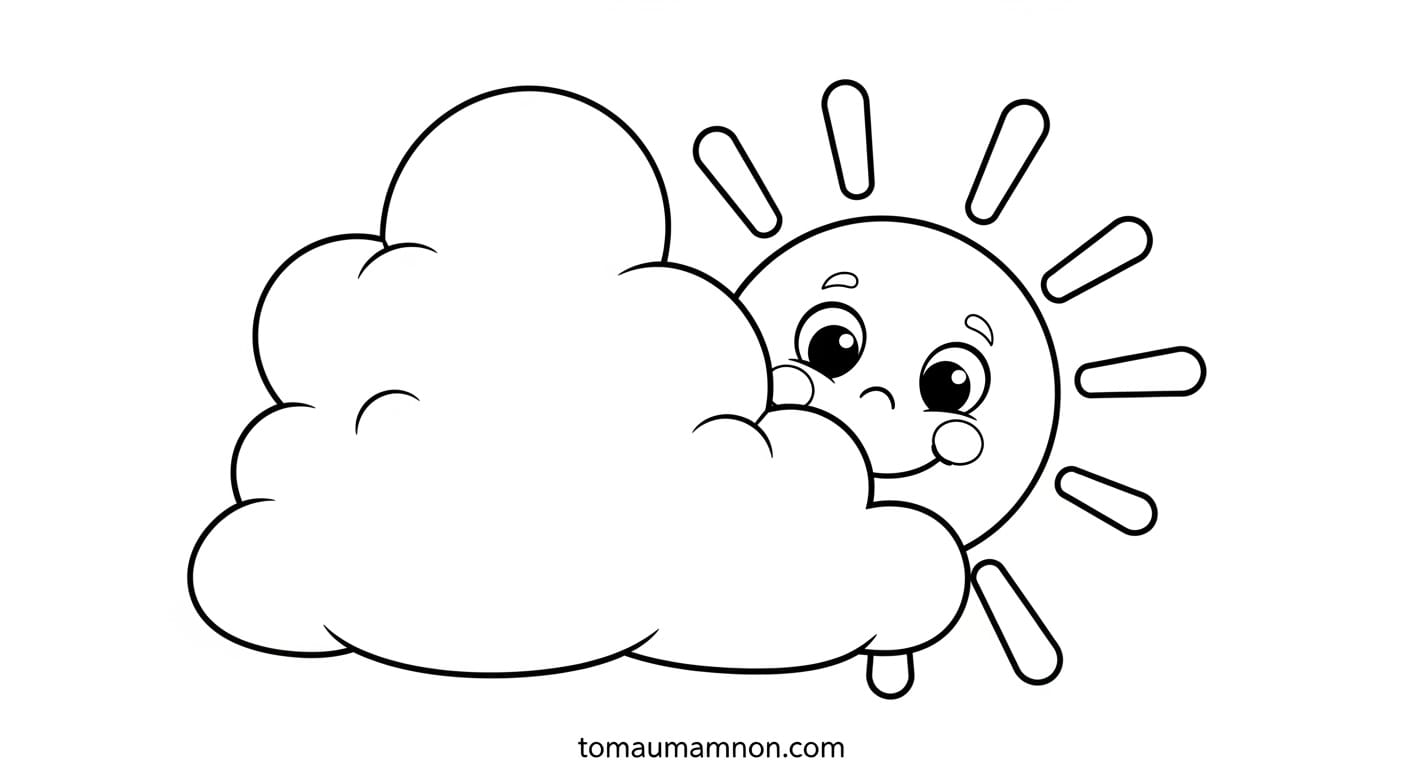 Tranh Tô Màu Ông Mặt Trời Và Đám Mây Ông mặt trời ngộ nghĩnh và những đám mây nhỏ