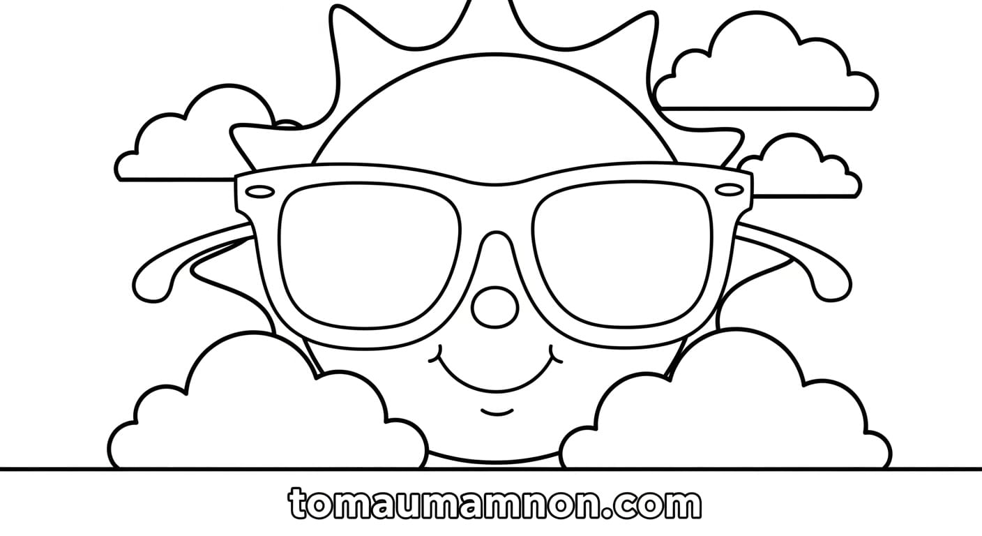 Tranh Tô Màu Ông Mặt Trời Và Đám Mây Ông mặt trời đeo kính râm và đám mây