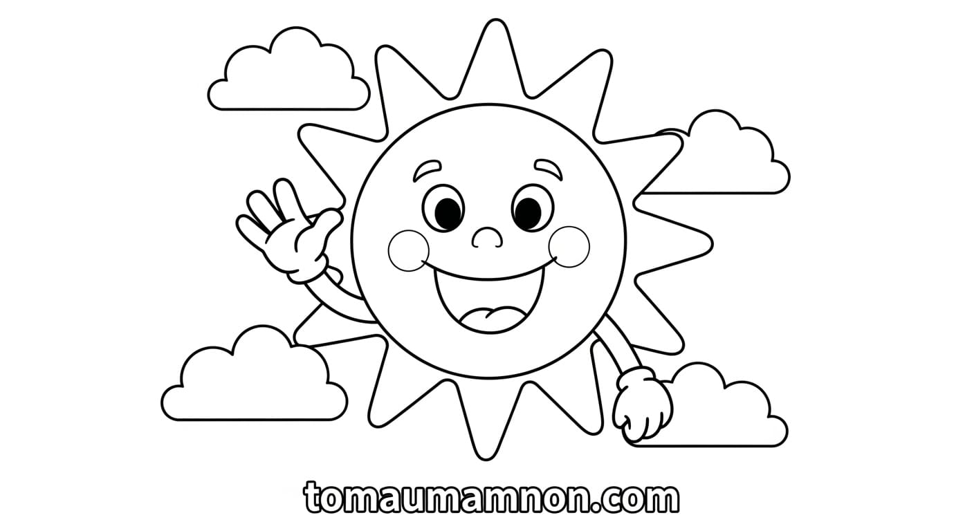 Tranh Tô Màu Ông Mặt Trời Và Đám Mây Ông mặt trời cười tươi và đám mây