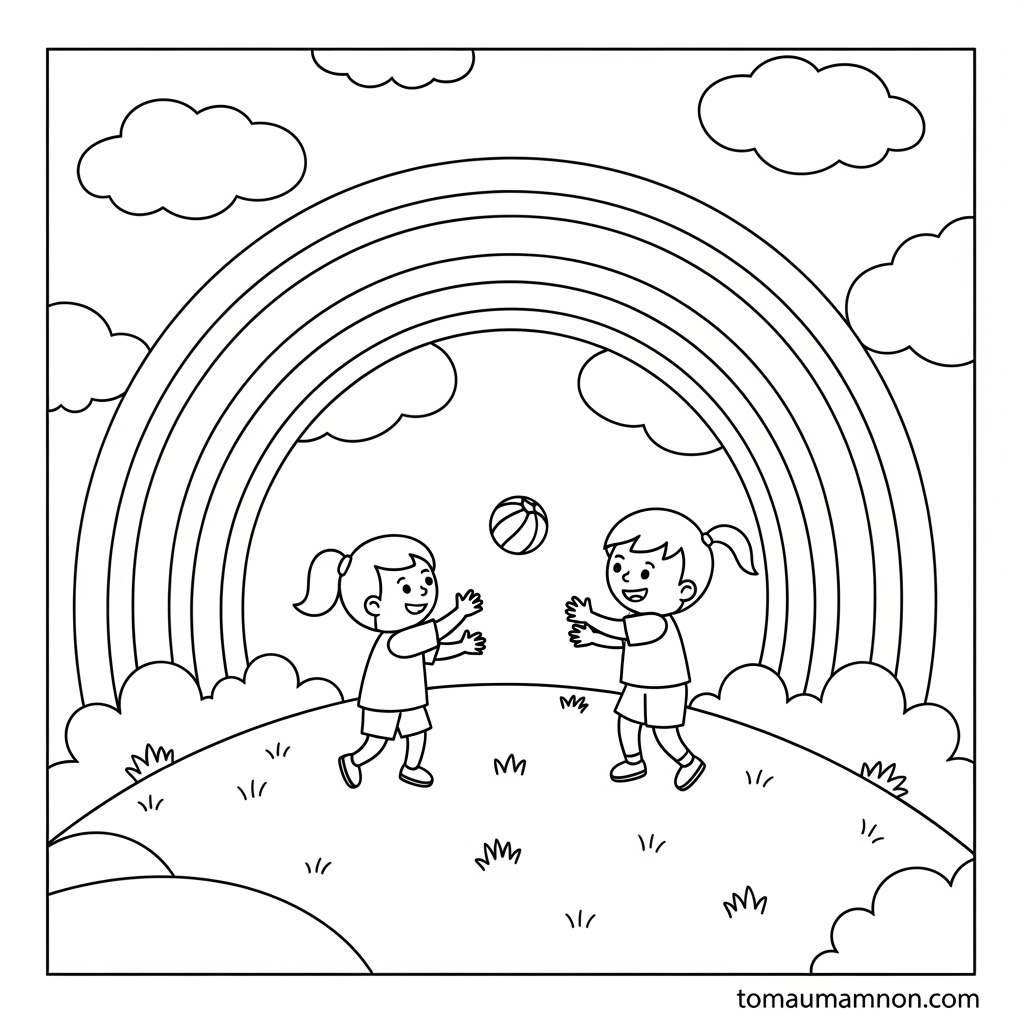 Tranh tô màu dòng sông và bầu trời mùa xuân