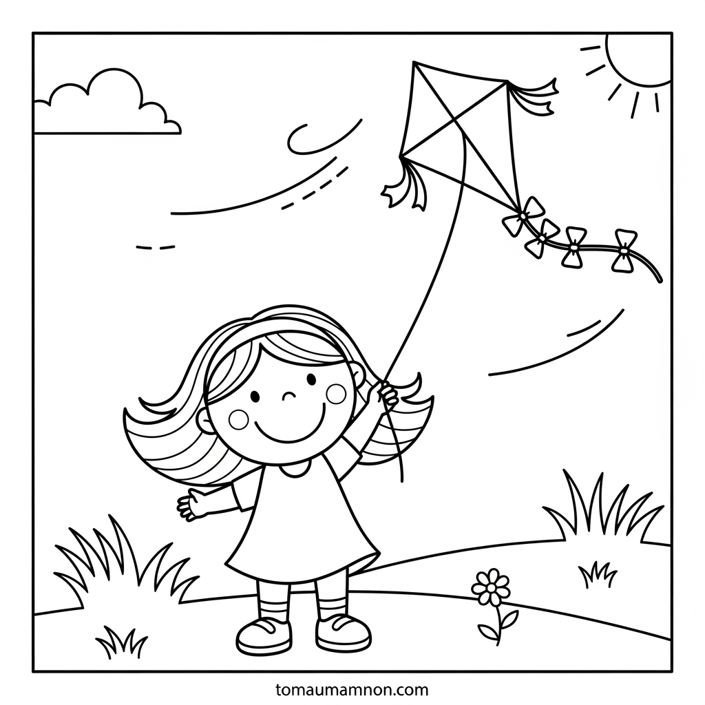 Bé trai tô màu tranh mùa xuân