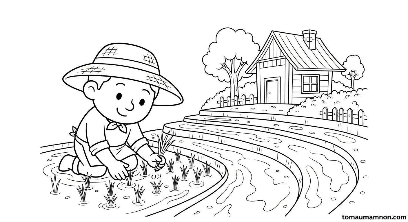 Mẫu tranh tô màu ruộng bậc thang đơn giản